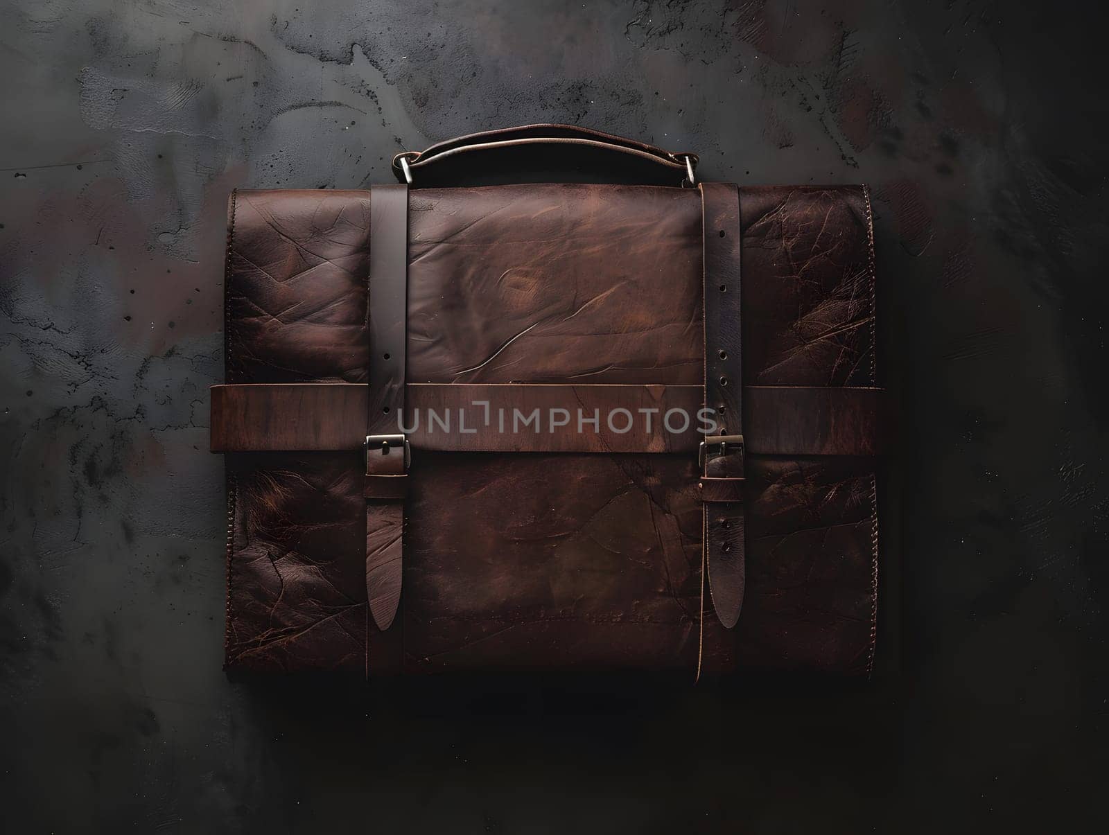 A rectangular brown leather briefcase rests on a dark surface, serving as a fashionable accessory for travel. The sleek metal accents contrast elegantly with the electric blue font details