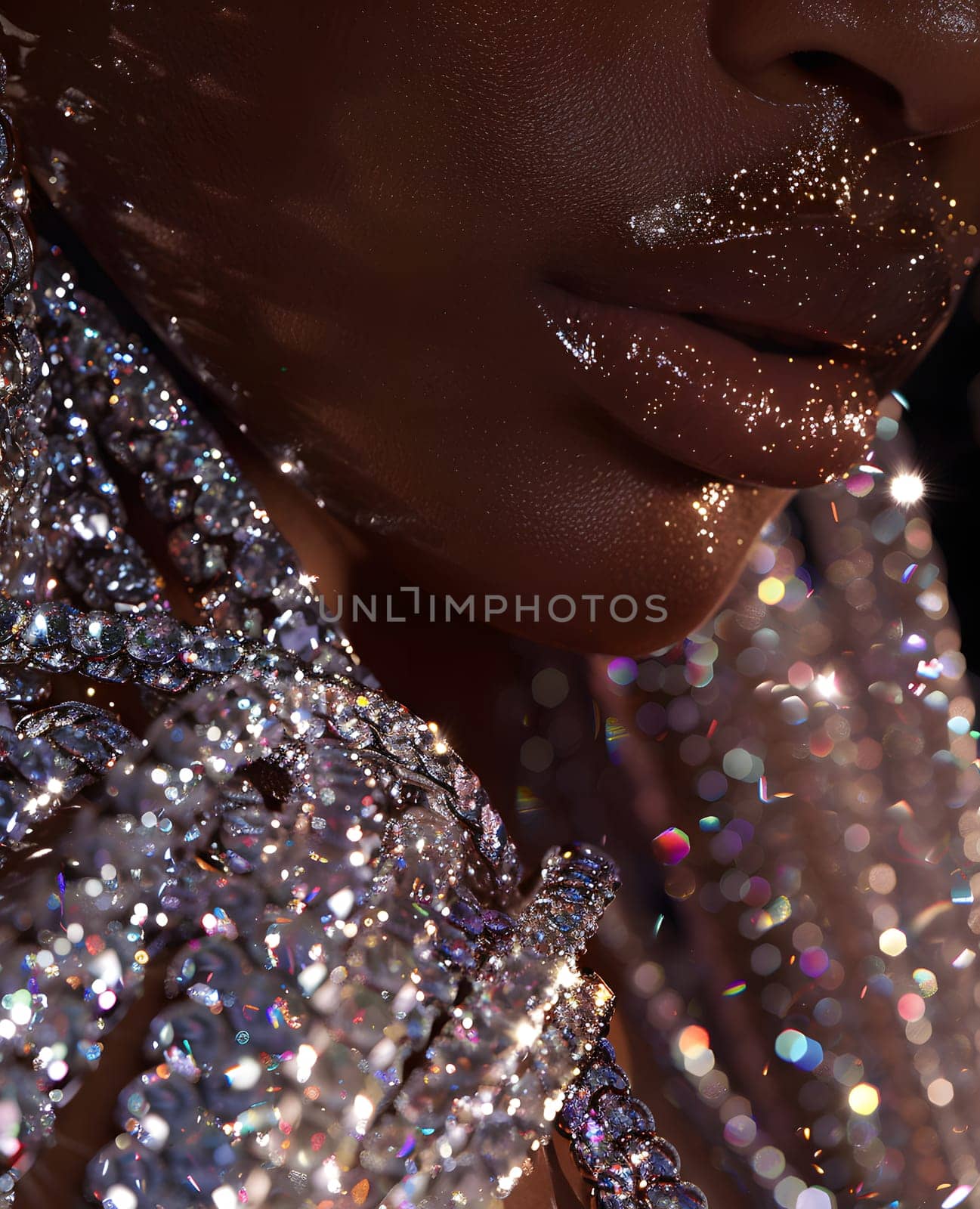 A closeup of a womans face adorned with sparkling jewellery creates a mesmerizing pattern. The metal glitters with moisture, adding an enchanting touch to her look at the event