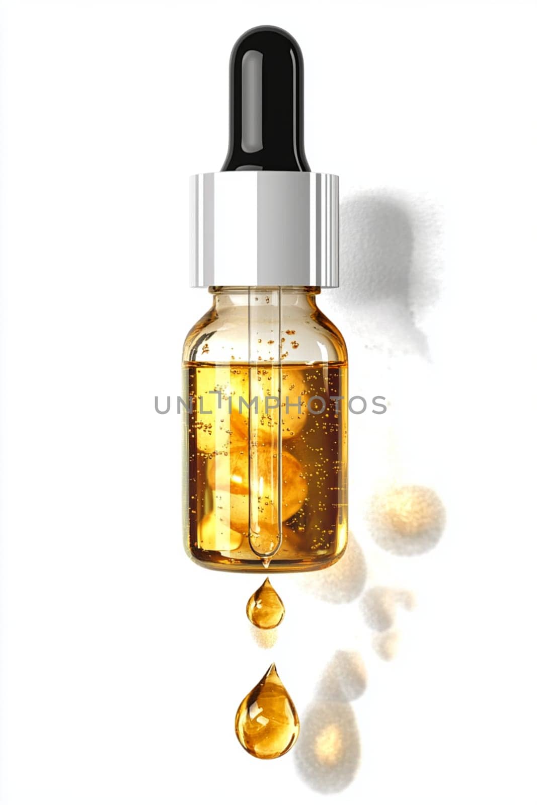Glass dropper bottle filled with a golden liquid is dripping, showcasing its potential for beauty, health, or pharmaceutical applications