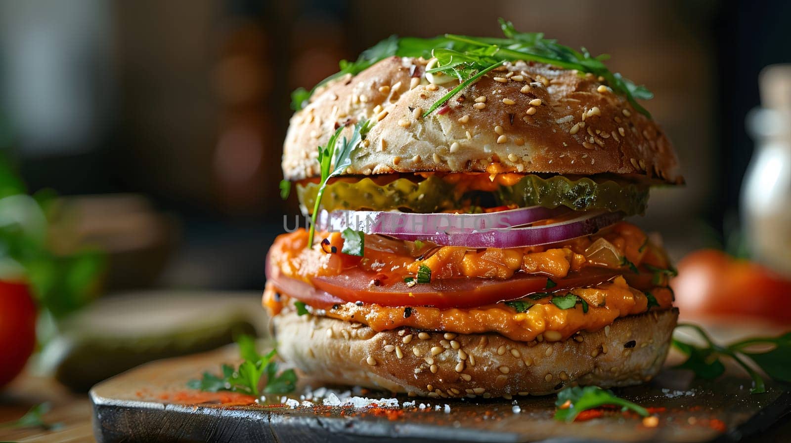 Close up of a delicious hamburger plated on a rustic wooden cutting board, showcasing ingredients such as lettuce, tomato, and juicy beef patty