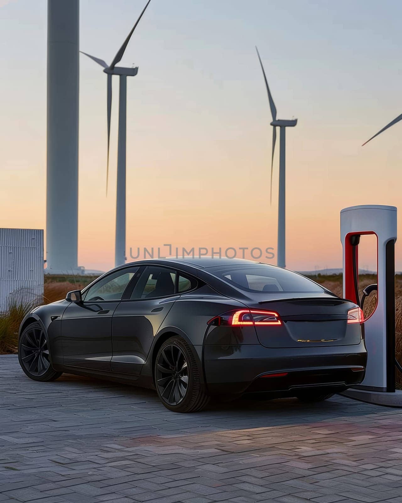 Sleek electric sedan charges at station with wind turbines in golden light