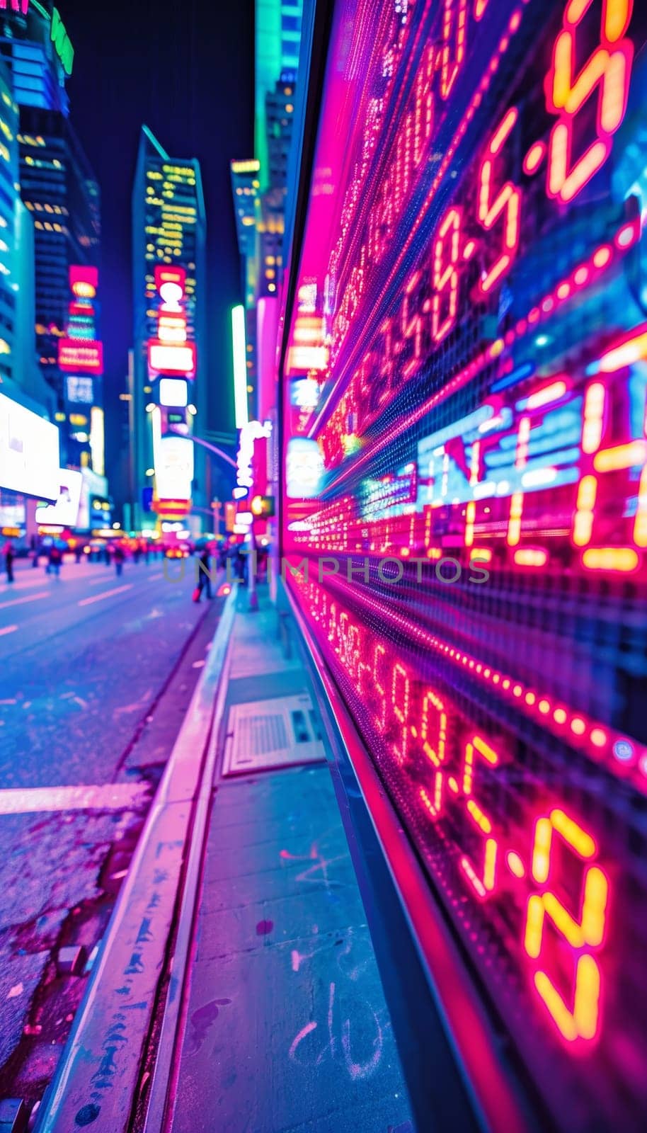 Vibrant neon stock market ticker display in a bustling financial district at night with city skyline