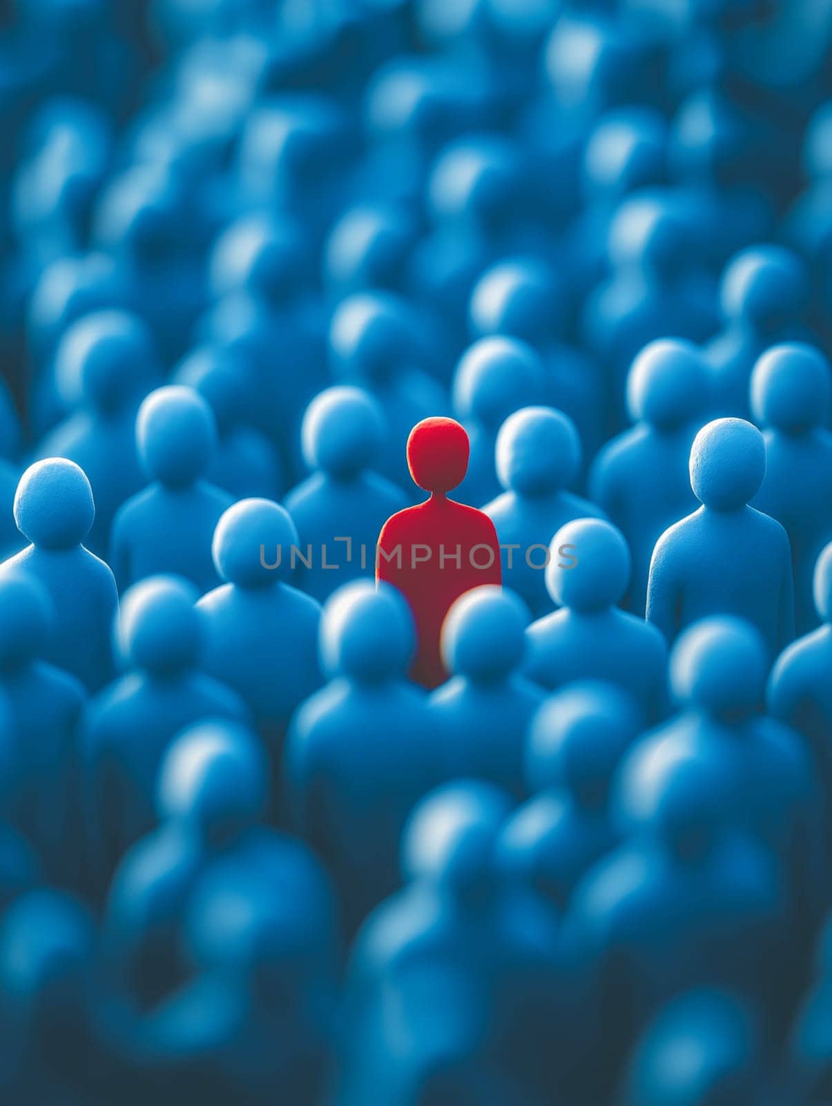 A red figure stands prominently in a crowd of identical blue figures, symbolizing individuality, uniqueness, and personal identity in a homogeneous group.