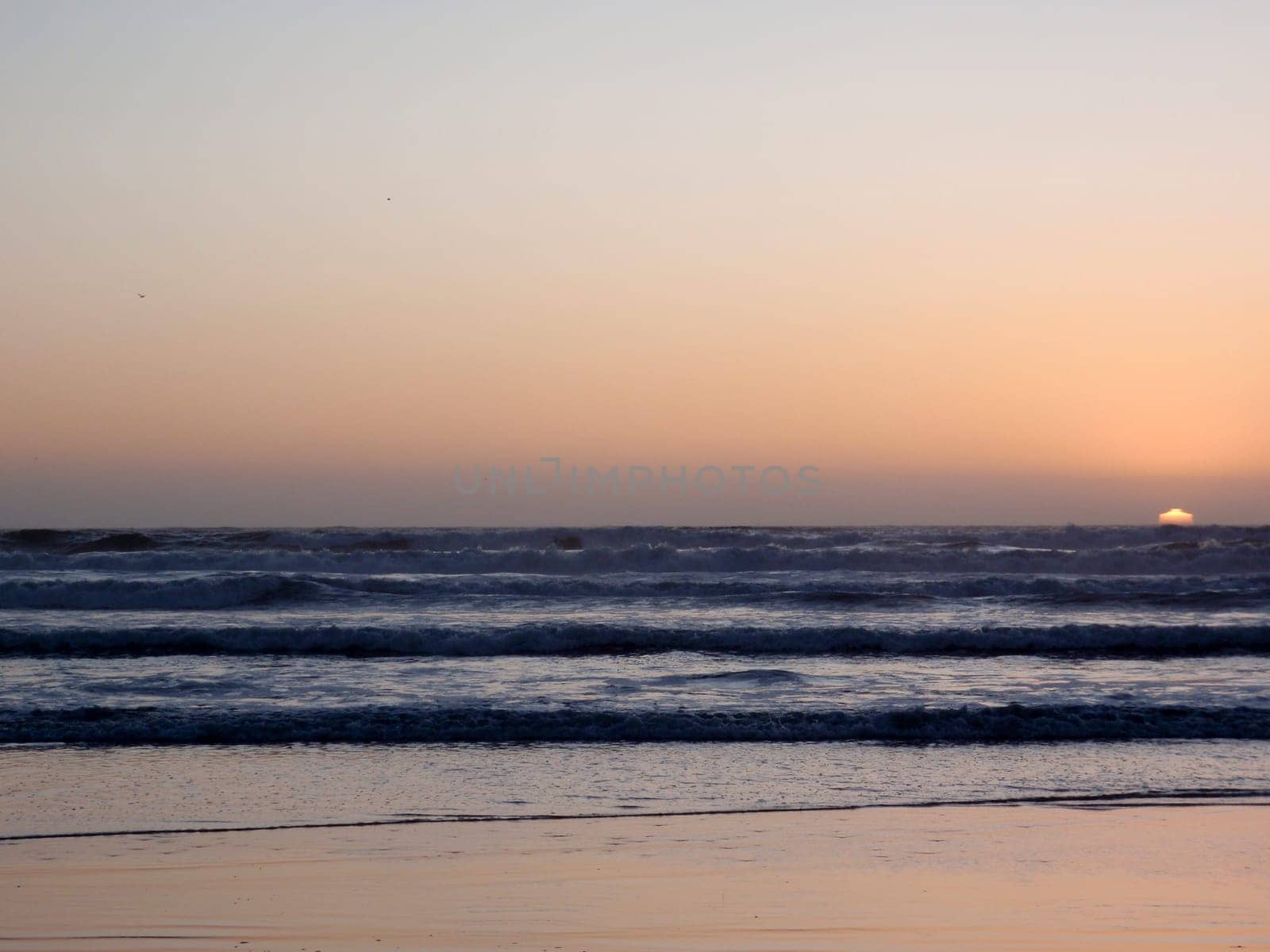The sky transitions to vibrant hues as the sun sets over the calm ocean, where gentle waves lap against the sandy beach, creating a serene atmosphere.