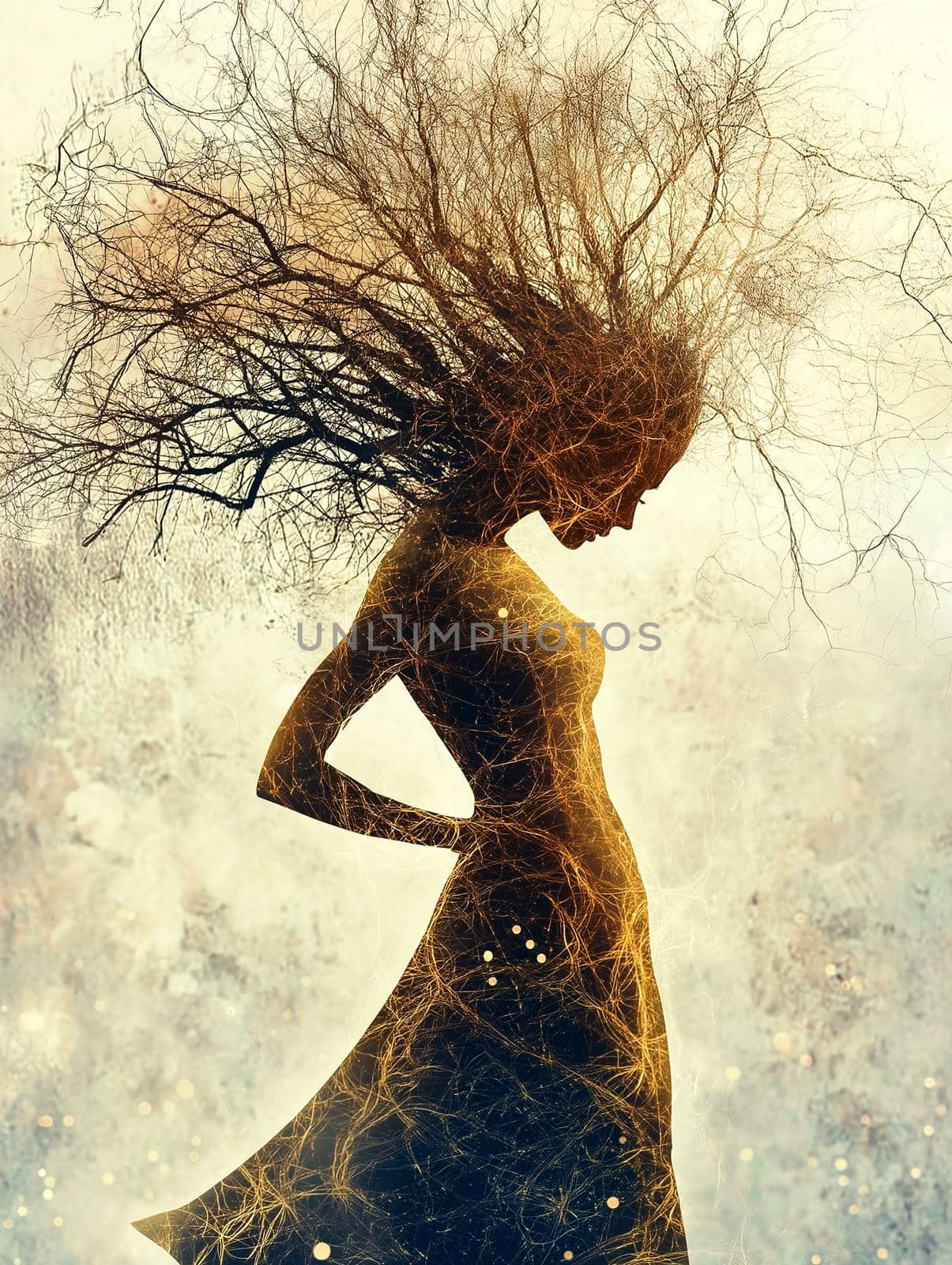 A surreal artistic depiction of a woman, her silhouette blending seamlessly with tree branches, symbolizing nature and growth amid soft, ambient light.
