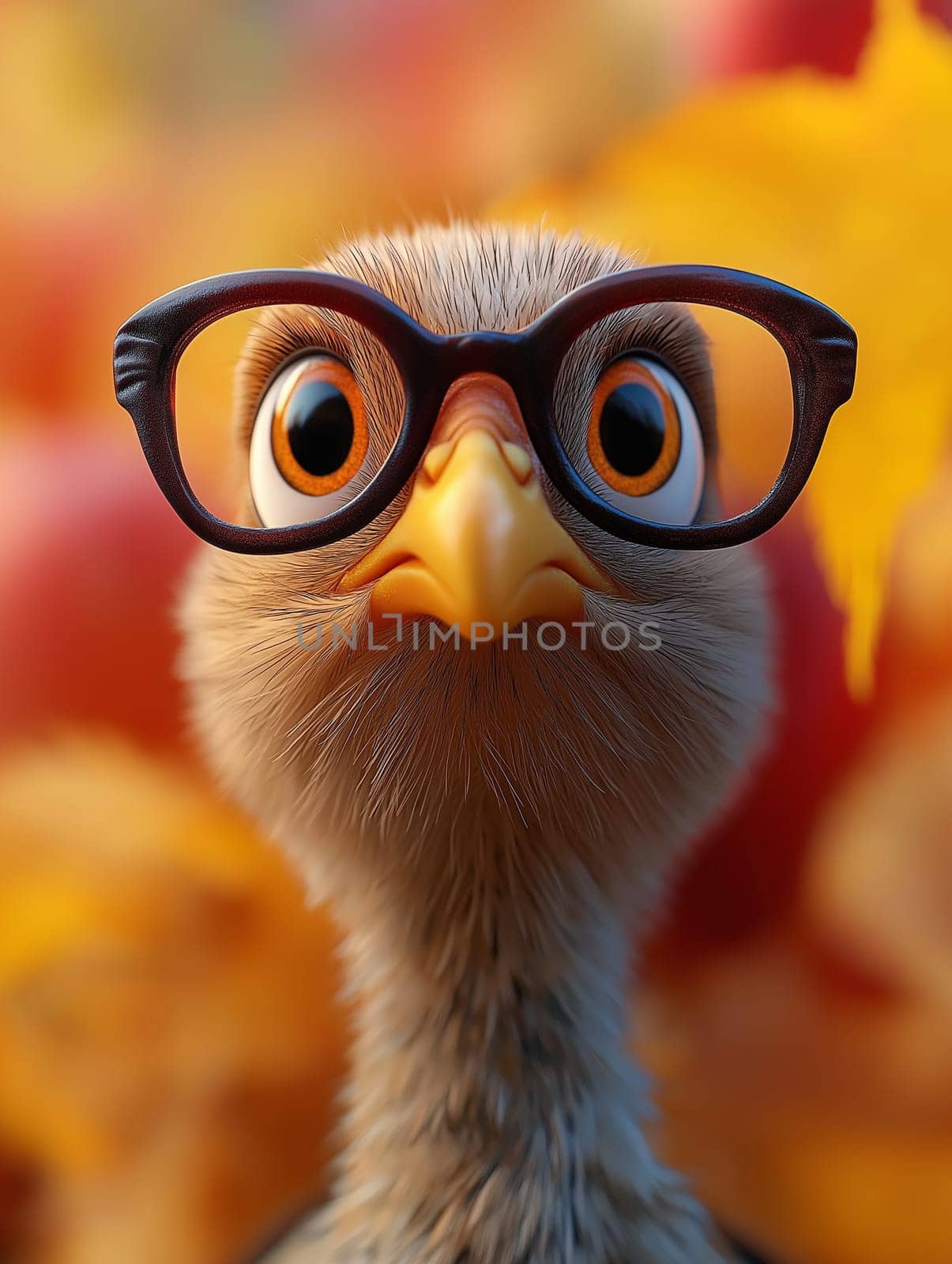 Close-up of a humorous bird wearing glasses surrounded by vibrant autumn leaves. Capturing a whimsical and playful moment in nature, highlighting the bird's expressive eyes and unique personality.