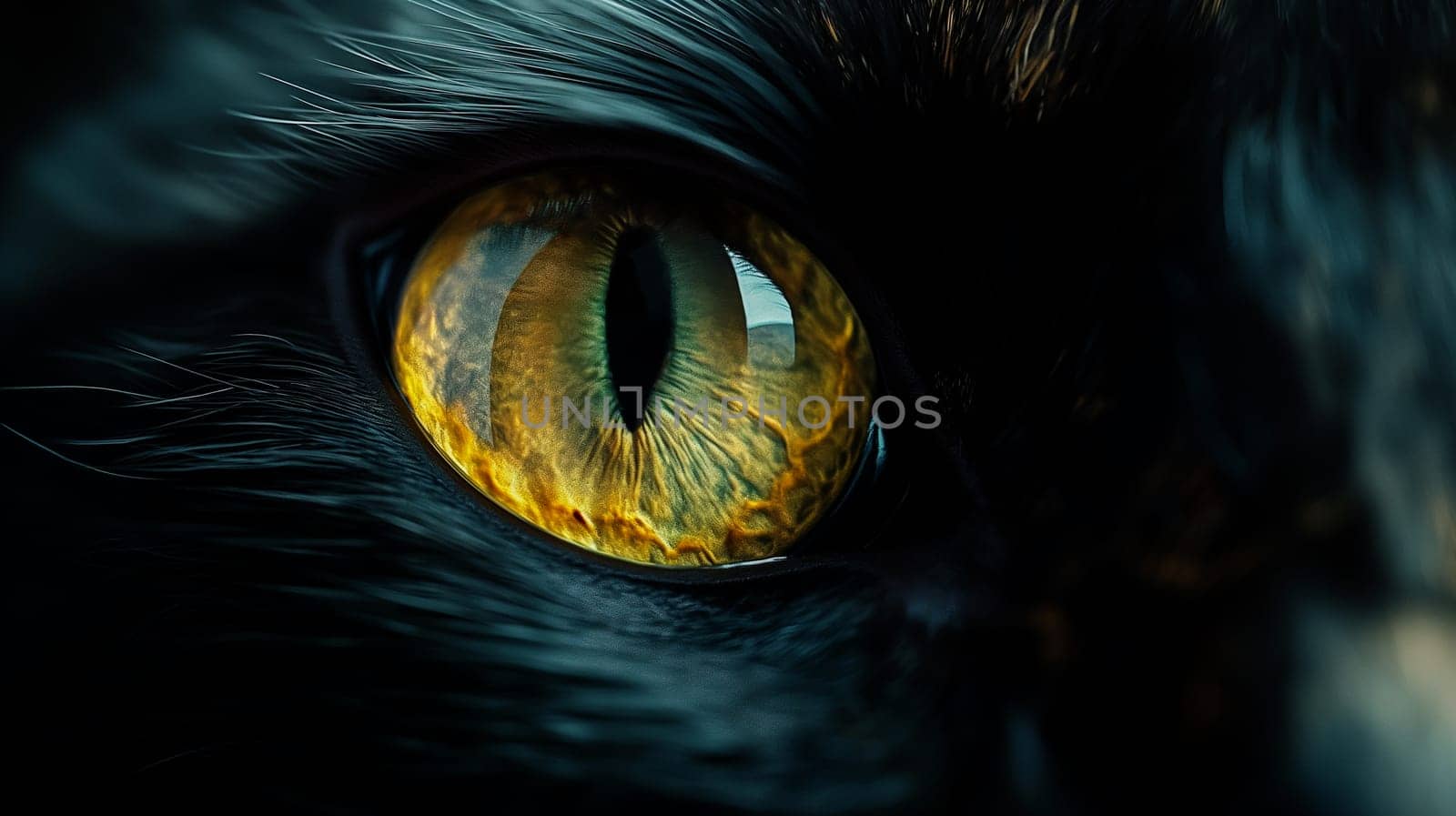 Dramatic close-up of a black cat's eye showcasing its striking golden color and intricate texture, evoking a sense of mystery and beauty.