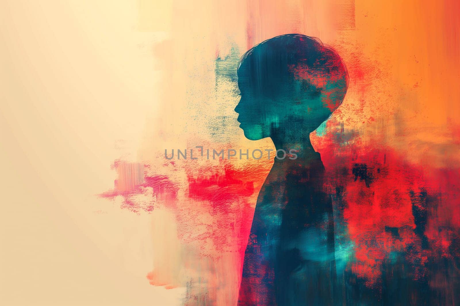 A vibrant and colorful abstract painting featuring the silhouette of a child in profile. The artwork blends bold hues and soft textures, evoking emotions of imagination and innocence.