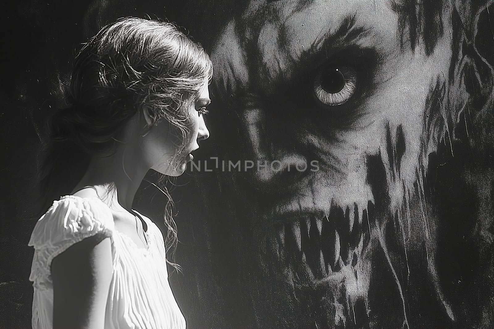 A young woman stands solemnly beside a menacing face painted on a wall, highlighting themes of innocence, fear, and contrast. The black and white composition enhances the dramatic encounter.