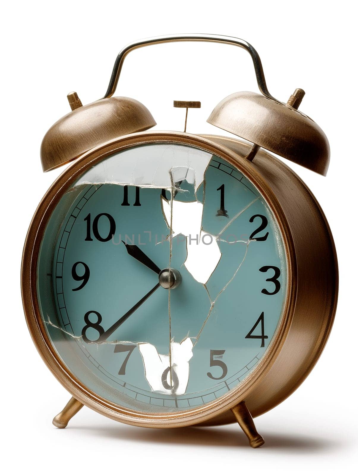 A vintage alarm clock with a shattered glass face, symbolizing themes of time, decay, and nostalgia, isolated on a white background for an artistic expression