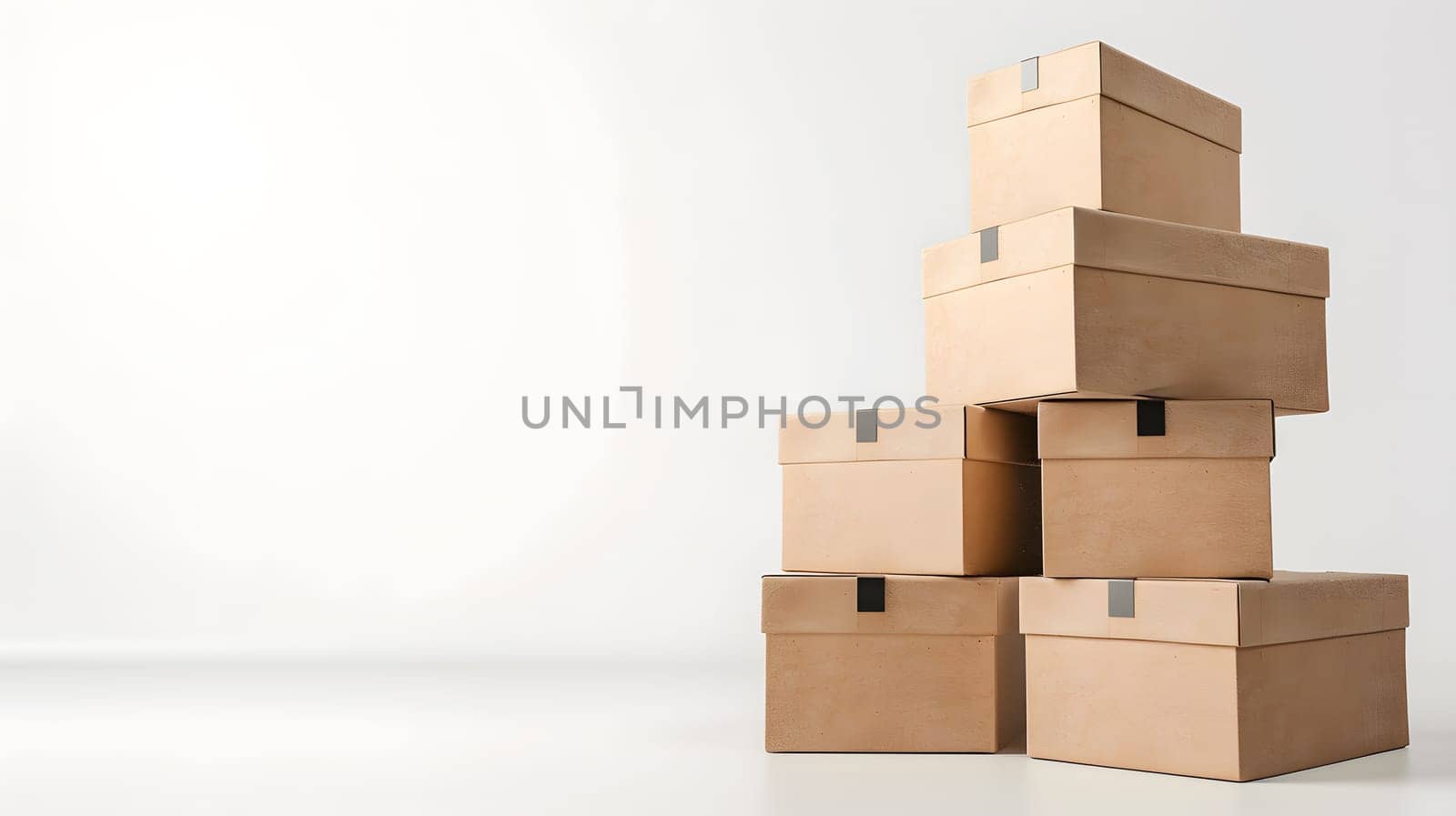 A stack of brown cardboard boxes organized on a simple white background
