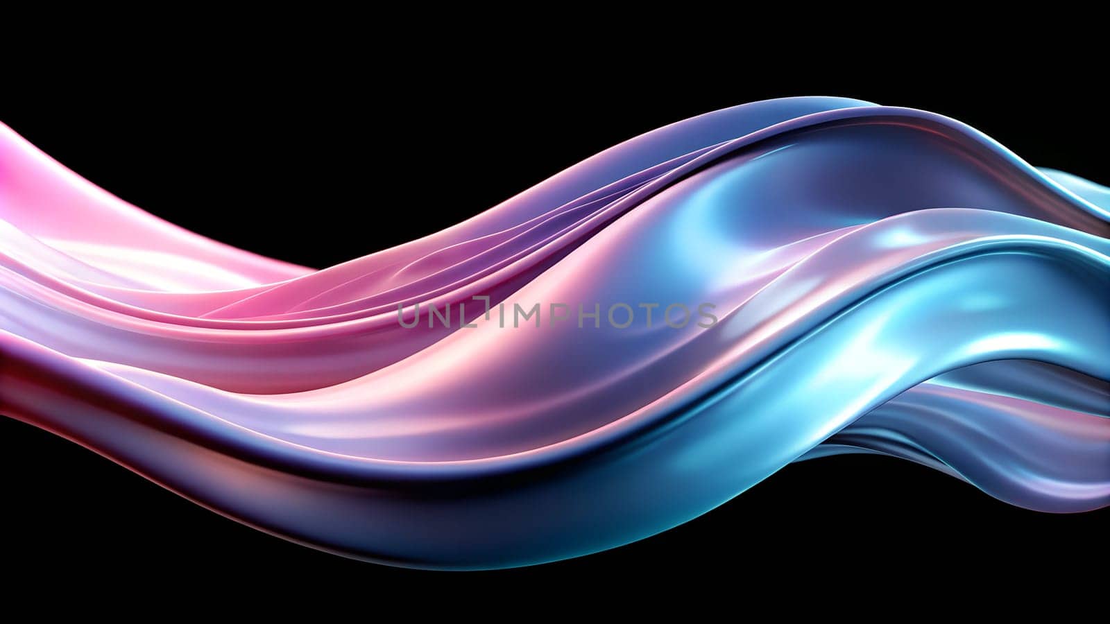 Waves of silky fabric ripple gracefully in vibrant pink and blue hues, contrasting sharply with the deep black backdrop, evoking a sense of fluidity and motion.