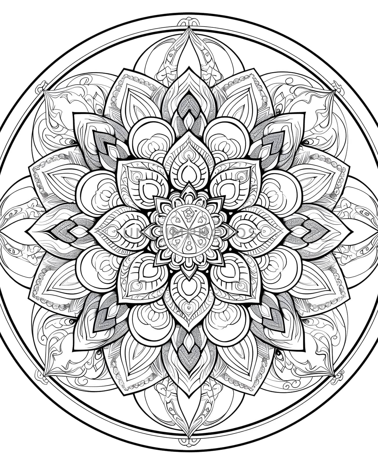 Detailed mandala with geometric patterns, perfect for coloring enthusiasts