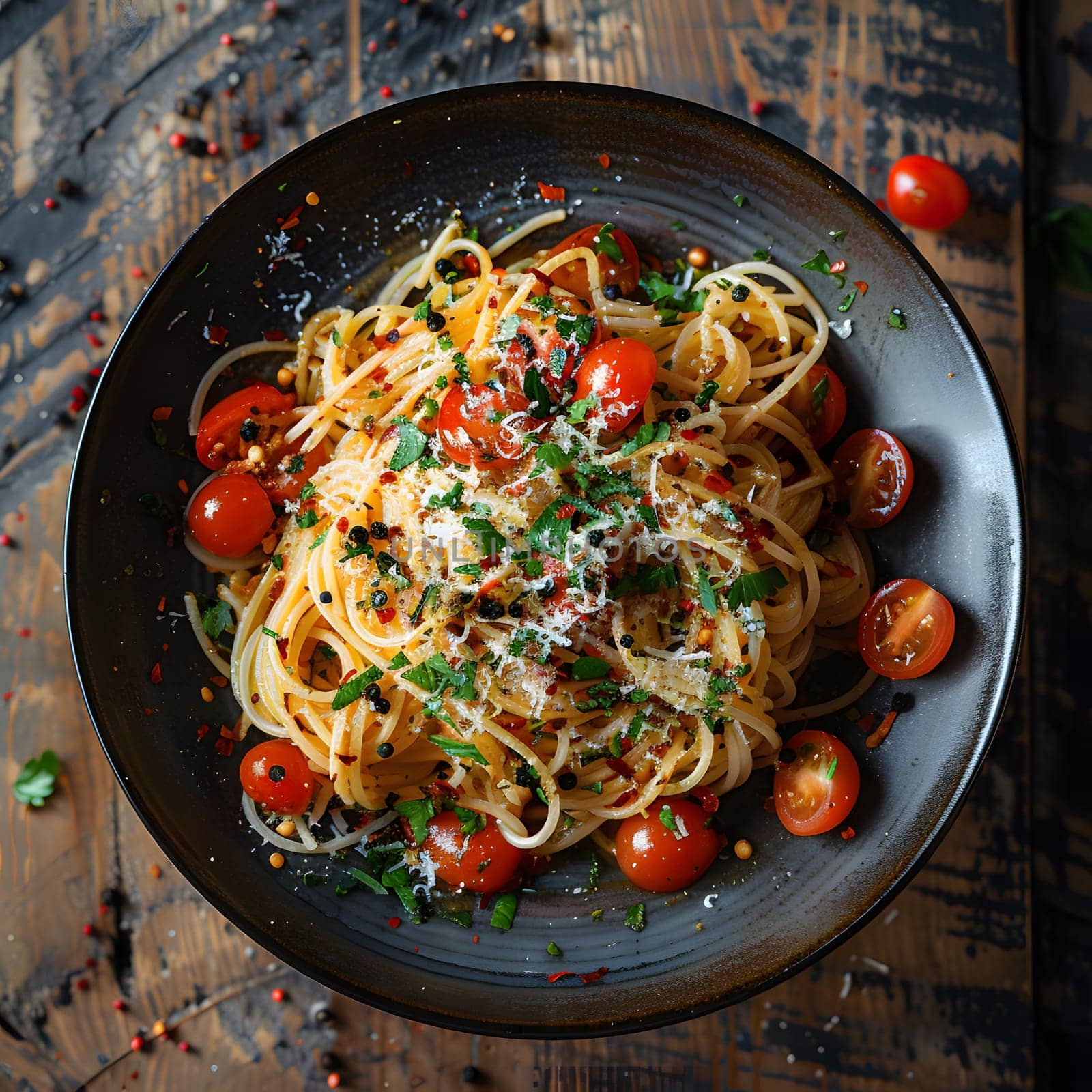 A black plate showcasing al dente spaghetti and fresh tomatoes, placed on a wooden table. This classic dish is a staple food made with simple ingredients and a timeless recipe