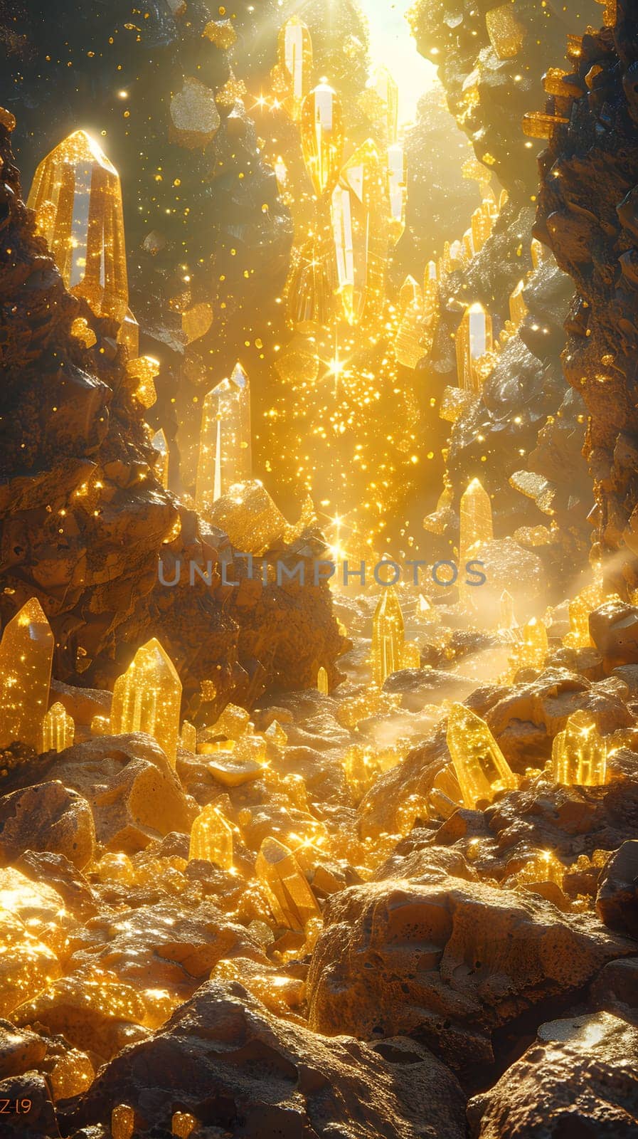 Fantasythemed cavern with glowing golden crystals creating a magical ambiance