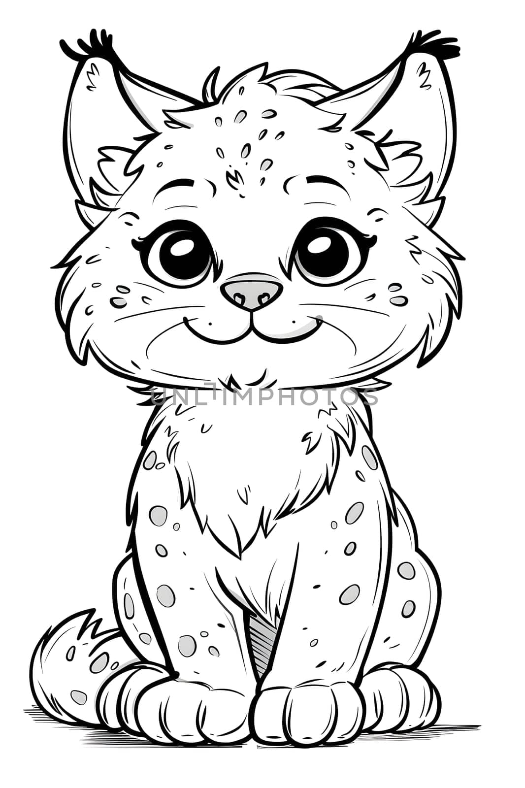 A monochrome illustration of a baby lynx in a seated position, showcasing its Felidae features such as the head, eye, and small size characteristic of this carnivorous mammal
