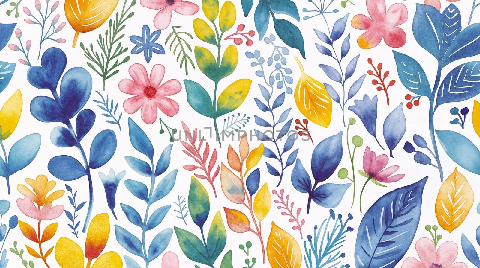 A vibrant arrangement of watercolor flowers and leaves in various colors creates a lively and cheerful pattern, perfect for backgrounds or decorative purposes - Generative AI