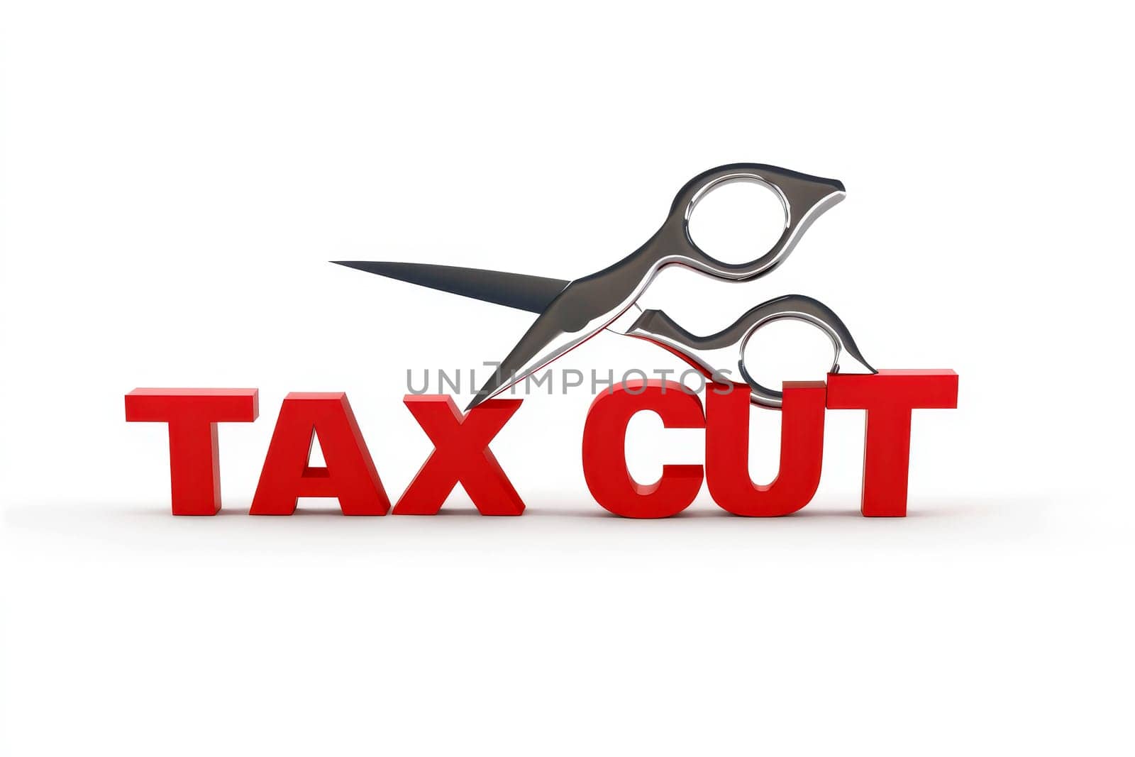 3D rendering text display tax cut with scissors.
