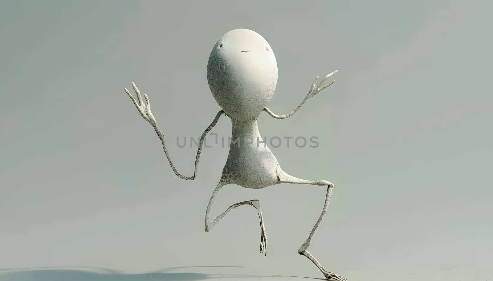 Minimalistic white figure with long limbs caught in a dynamic pose, floating.