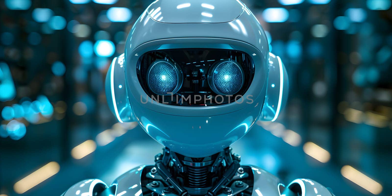 A detailed closeup shot of a robot with headphones and a helmet, showcasing its liquid robotic design in electric blue. An artistic representation of engineering in an azure setting