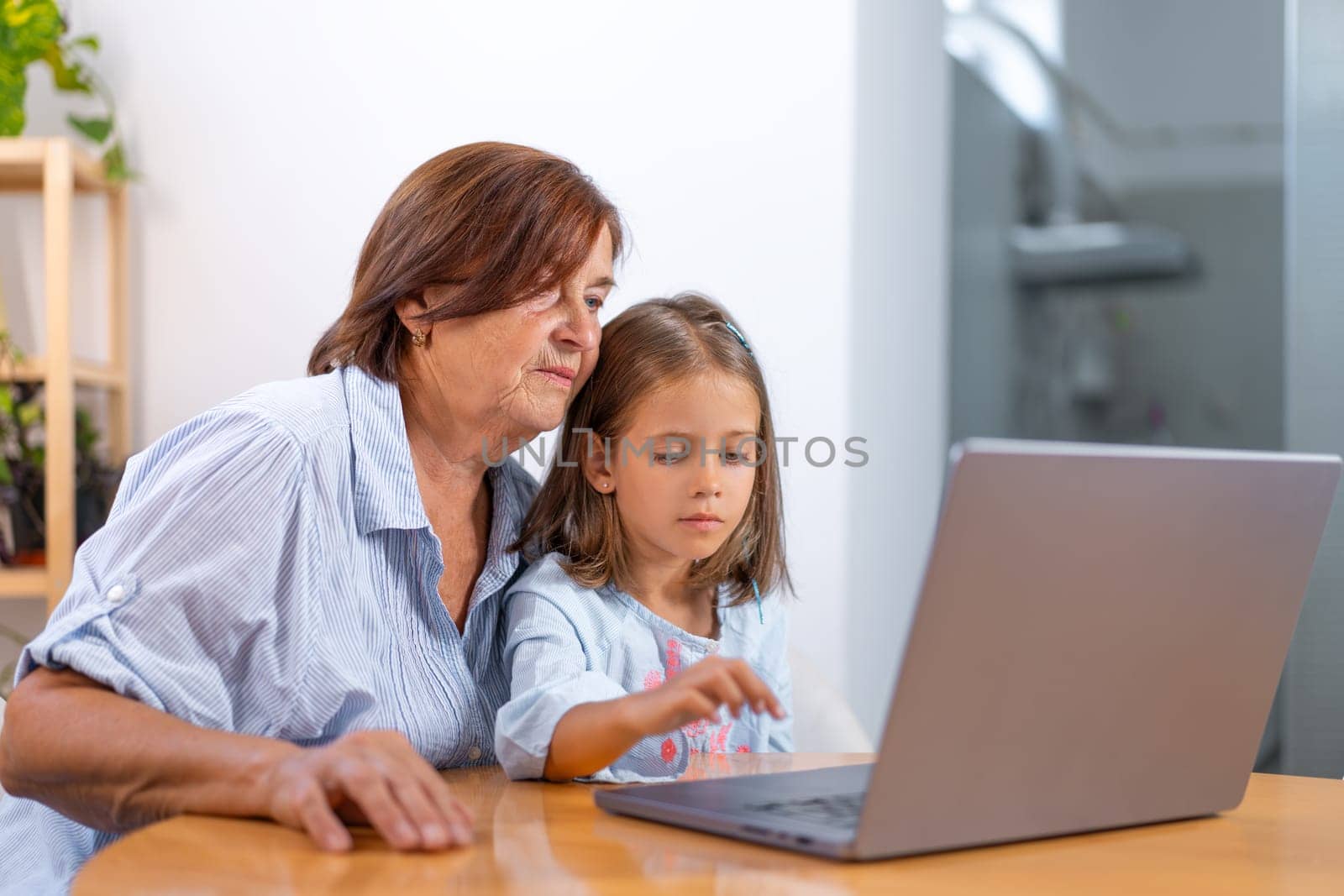 Granddaughter and grandmother sit together at table using laptop, sharing moment of learning and connection in comfort of their home