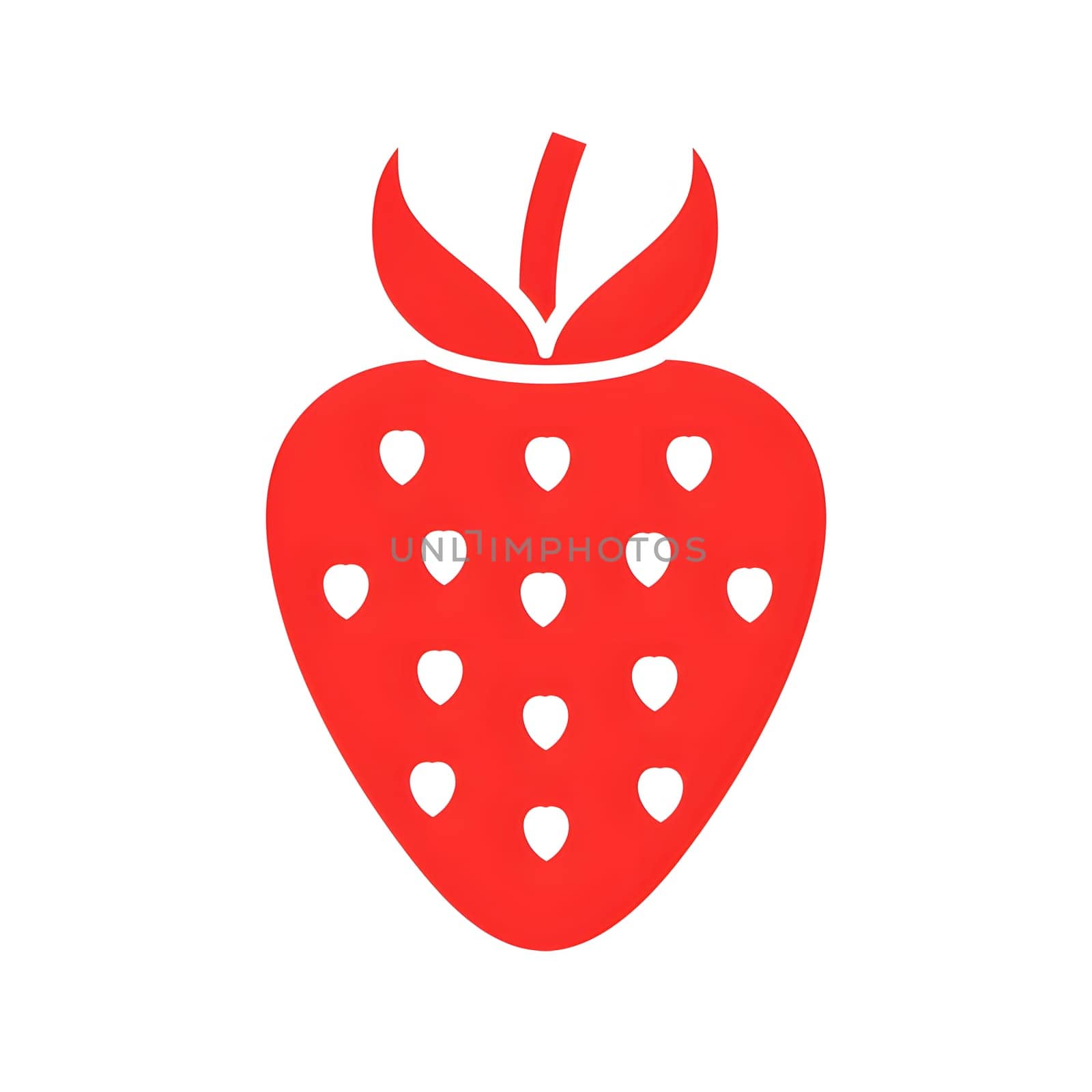 Red strawberry illustration with white seeds and green leaves, isolated on white