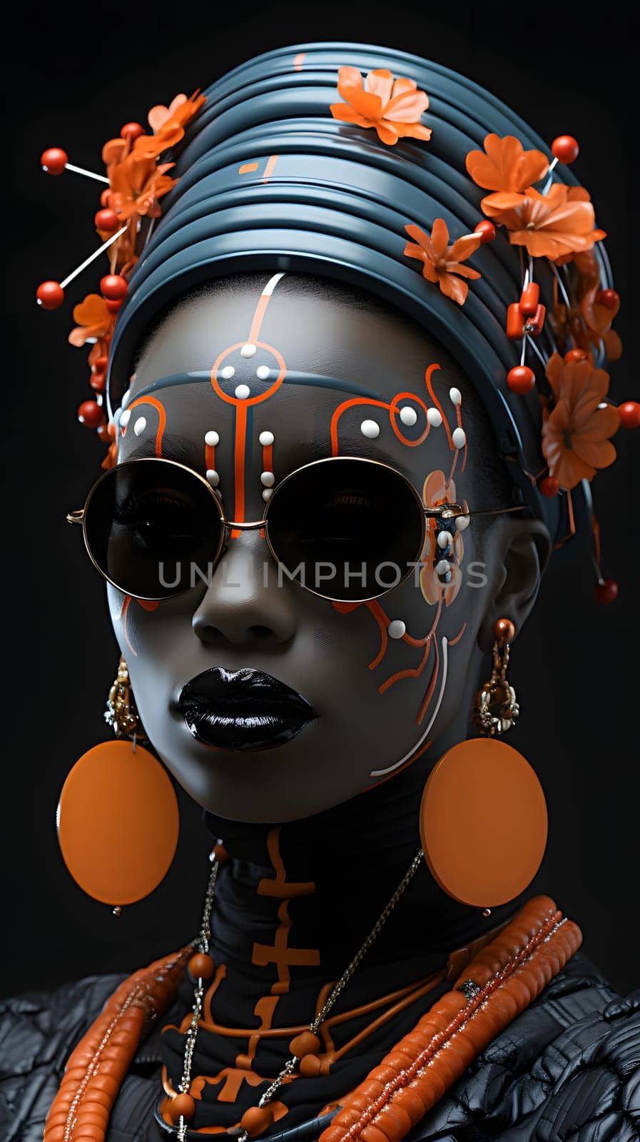 Fashion model wearing tribal accessories, face paint, futuristic sunglasses