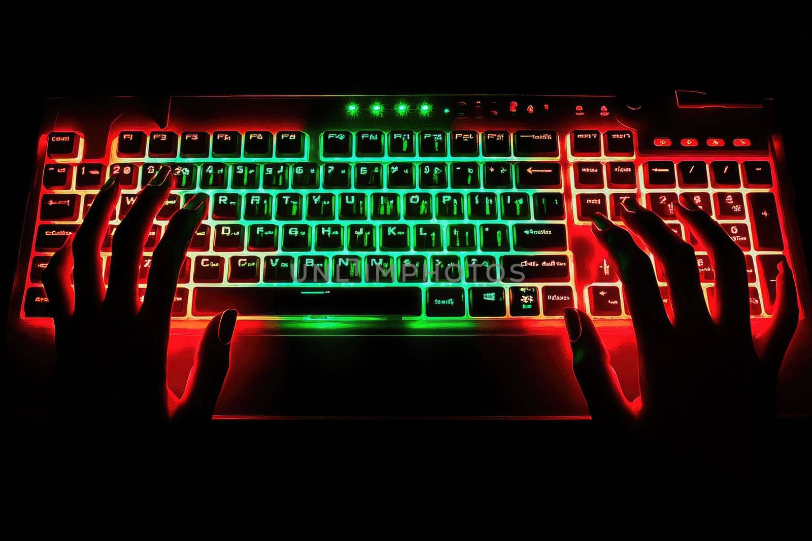 A close-up view of hands hovering over a brightly illuminated keyboard. The vibrant red lighting creates a striking contrast against a dark background, showcasing modern technology in a creative workspace.