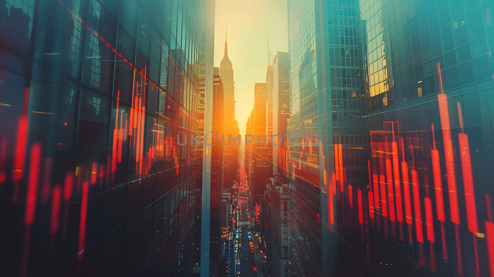 A hazy image of a city with a graph in the foreground depicting the worlds atmosphere and skyscrapers. Water and sky blend with atmospheric phenomenon, creating a painting of tints and shades