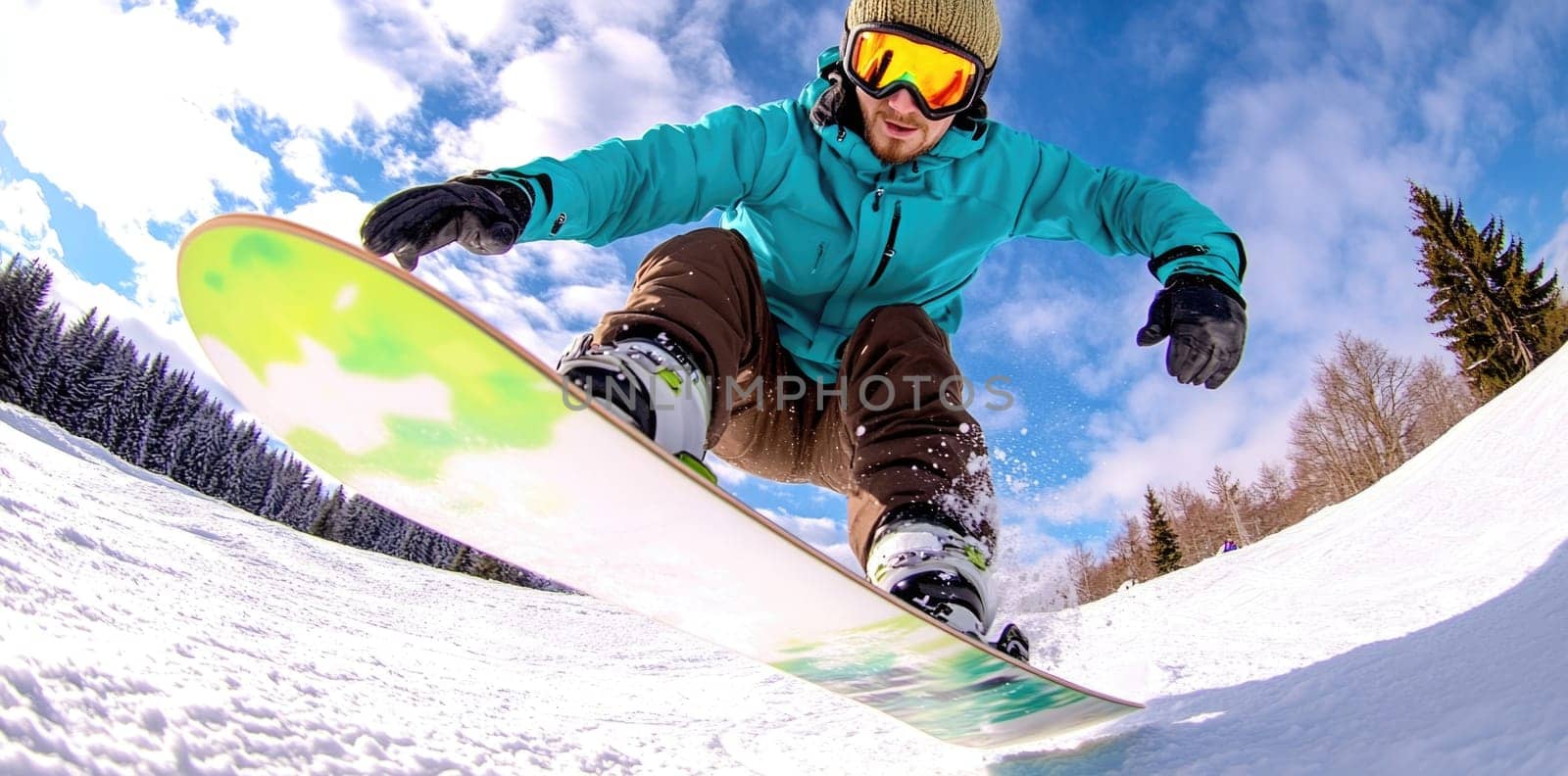 Mountain descent: snowboarder carving through fresh powder in winter mountains, capturing essence of outdoor sports and exhilaration of gliding down pristine slopes under sky