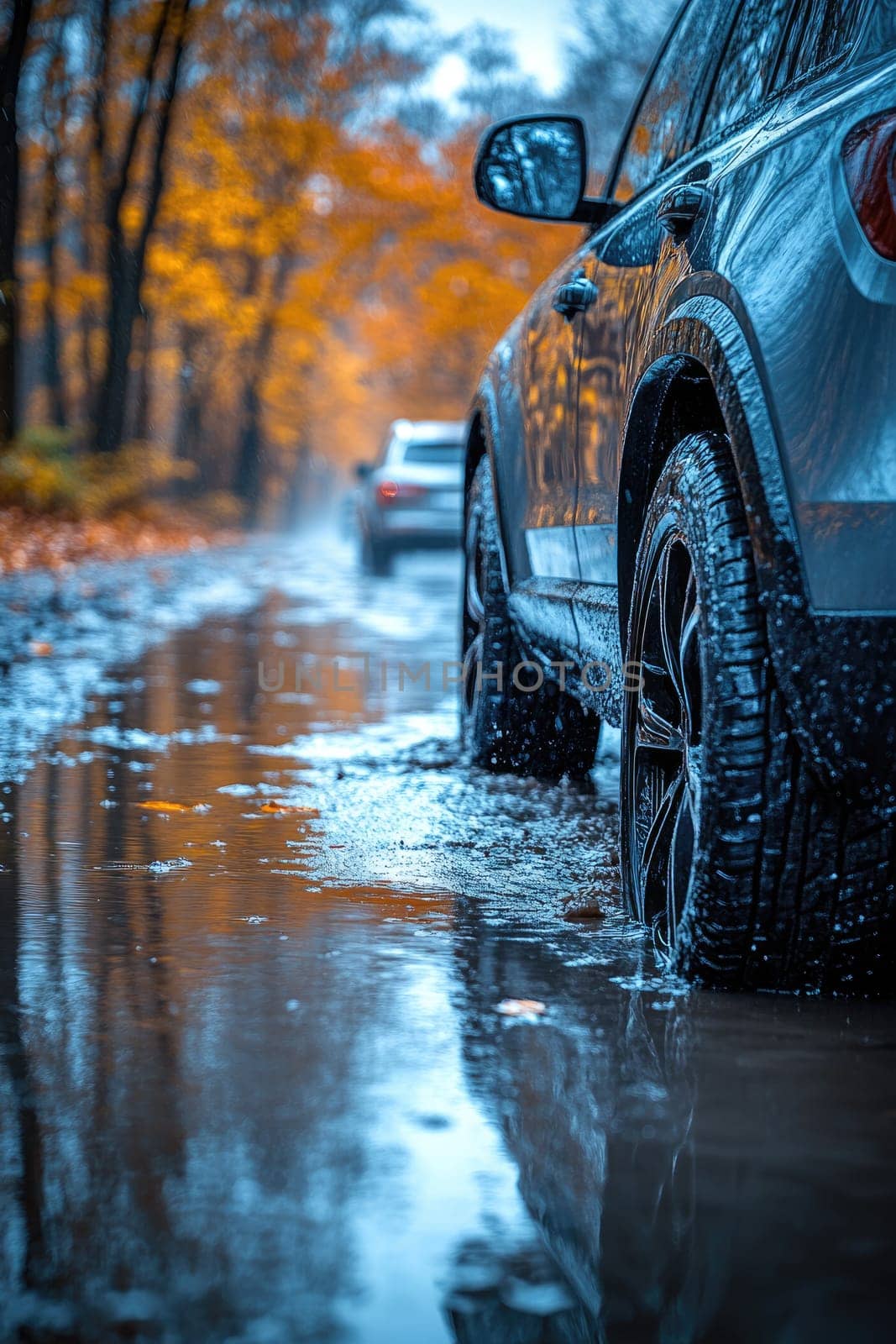 Cautious drive: vehicle carefully maneuvers on a slick road, illustrating the significance of maintaining control and awareness in adverse weather conditions to ensure safety and prevent accidents