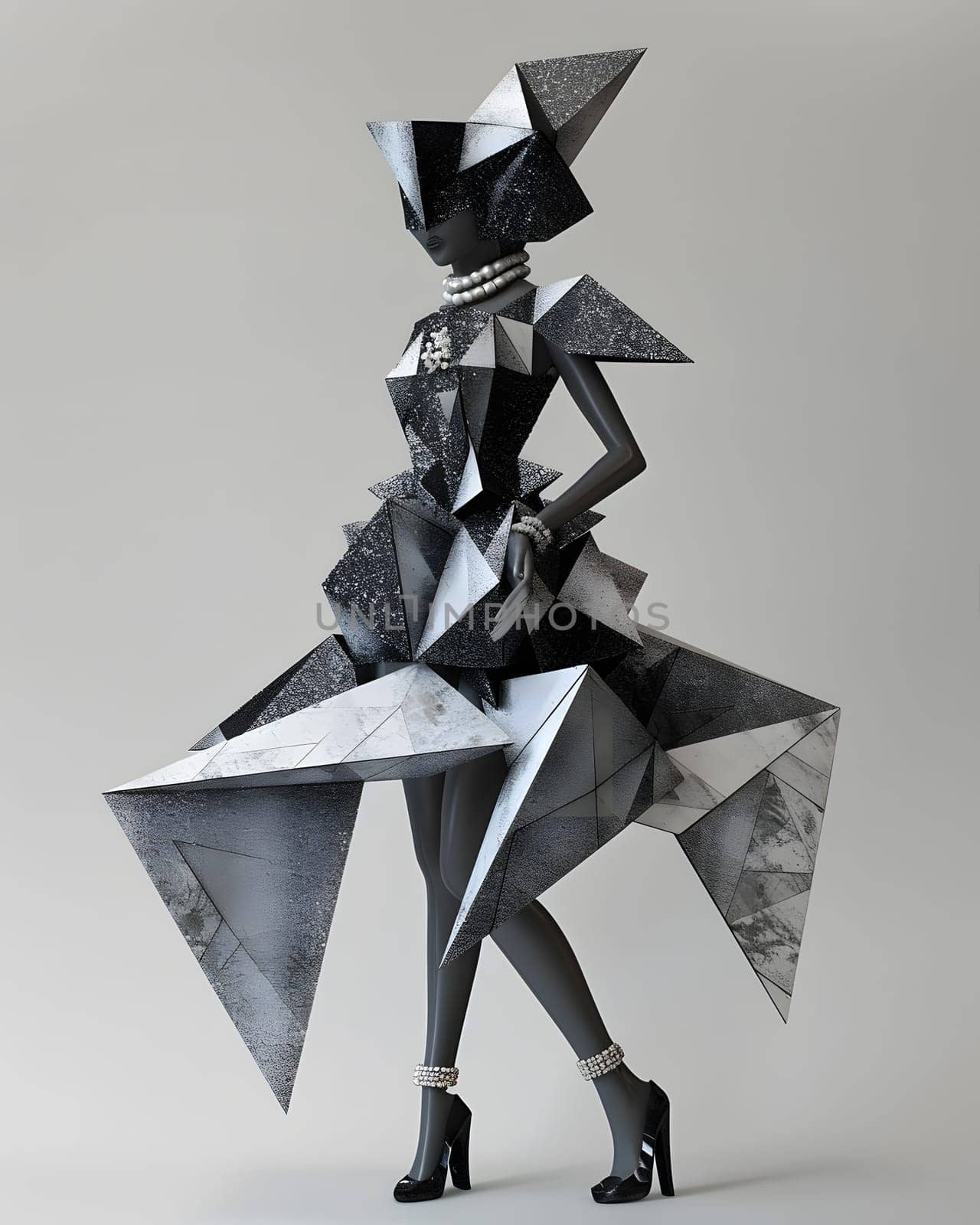 Stylish model wearing a geometric dress, showcasing a modern abstract fashion concept