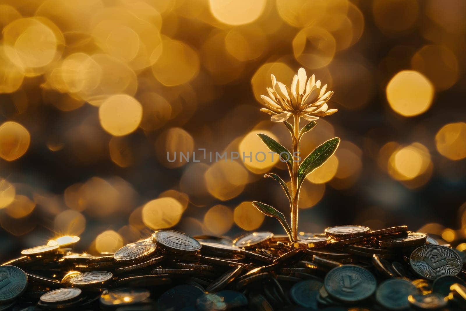 A striking image of a single plant sprouting from a stack of coins, symbolizing growth and potential in finance. The warm golden background enhances the theme of prosperity and hope.