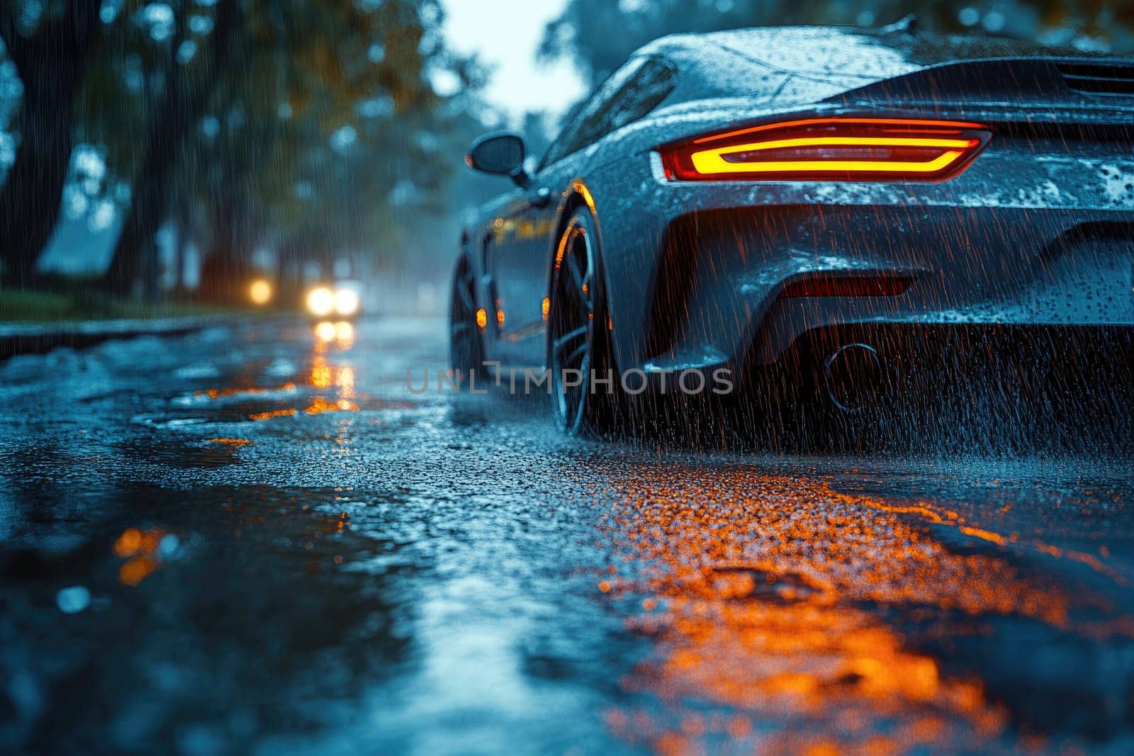 Safe journey: vehicle cautiously navigating a damp roadway, emphasizing the importance of driving safety and vehicle control on slippery surfaces while adapting to challenging wet road conditions