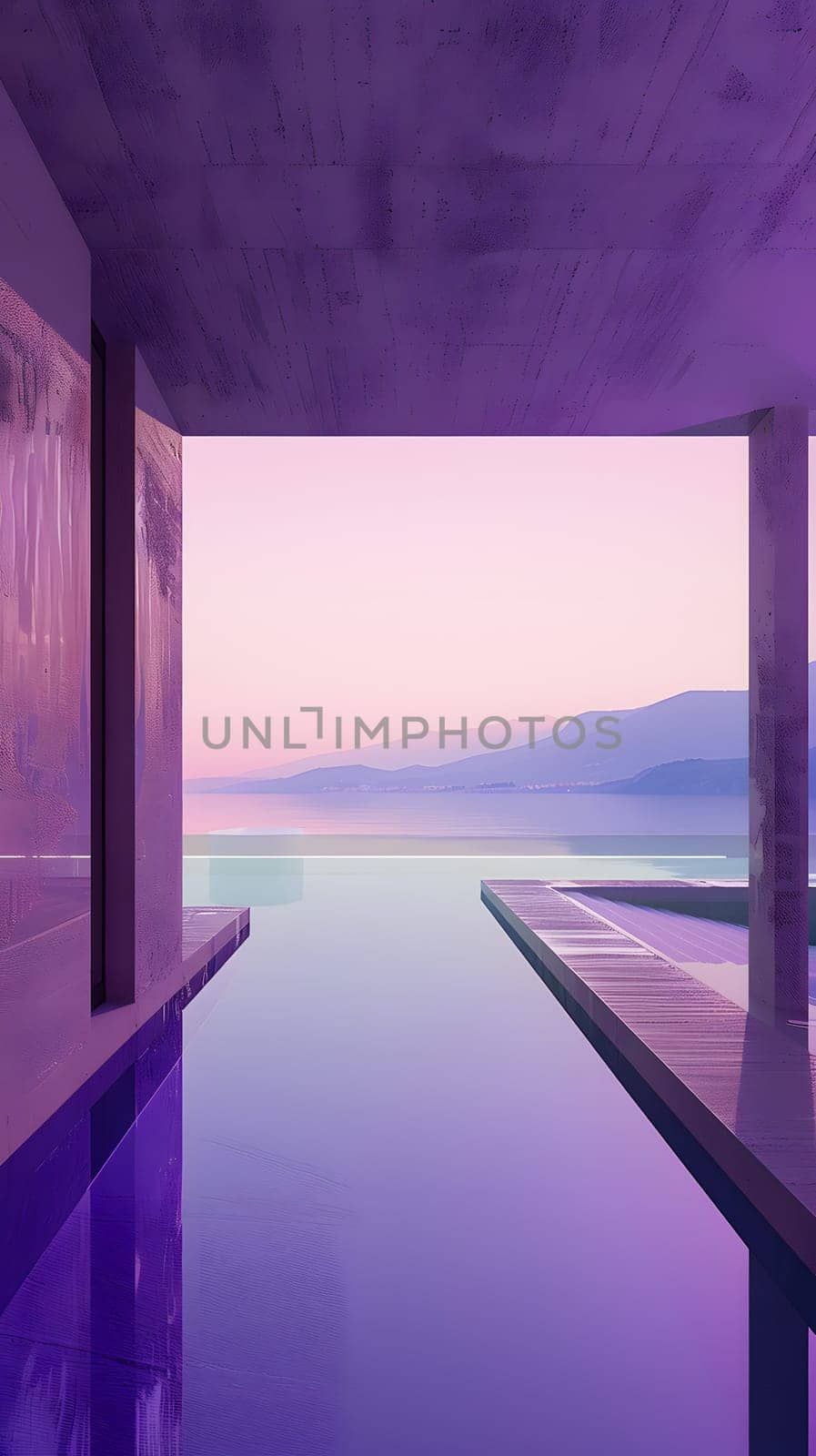 Contemporary infinity pool with mountain skyline during sunset, tranquil ambiance.