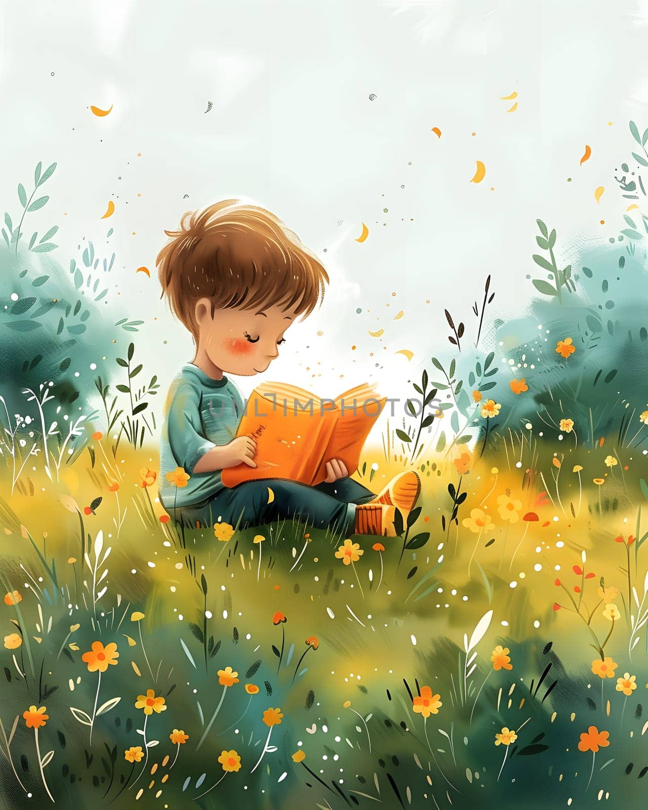 A happy toddler is sitting in the meadow surrounded by grass and plants, reading a book. The scene is like a painting with colorful petals scattered around