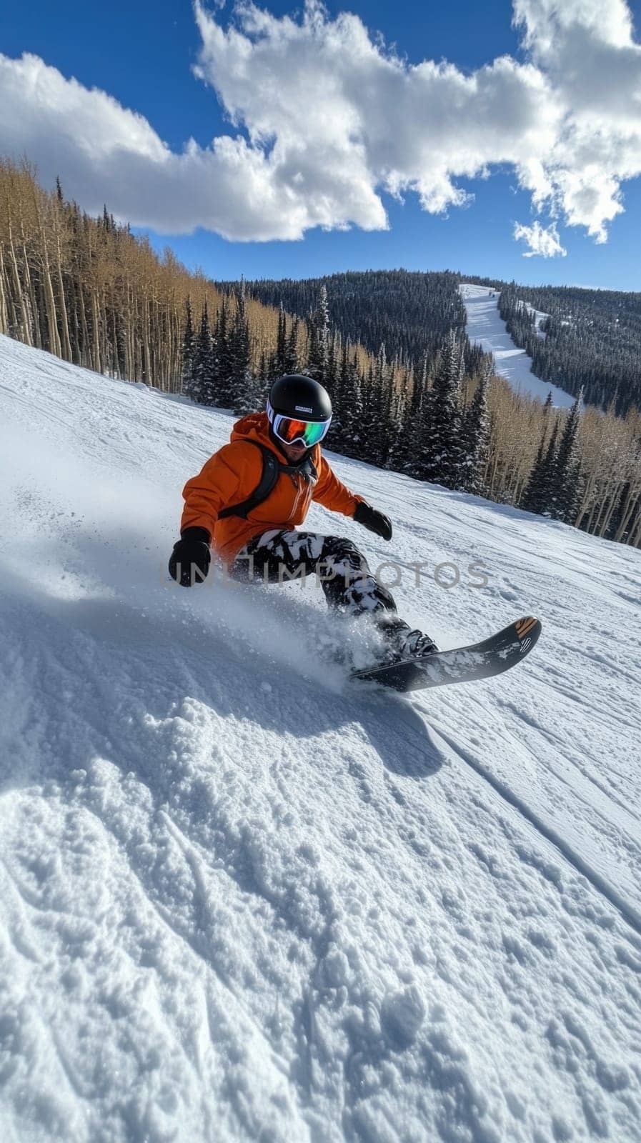 Winter thrill: snowboarder navigating snowy slopes of winter mountains, showcasing skill, adrenaline while enjoying breathtaking scenery and vibrant atmosphere of a snowy adventure