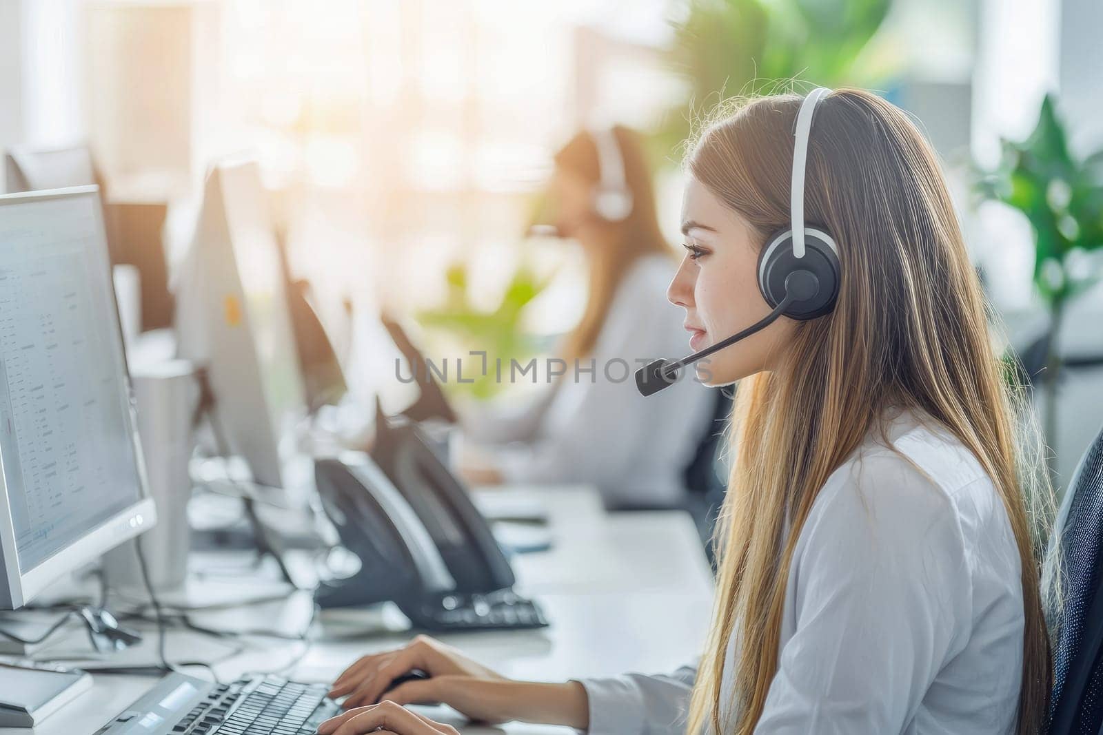 A female call center agent focused on her work, wearing a headset in a modern office environment, exemplifying customer service and professional communication skills.