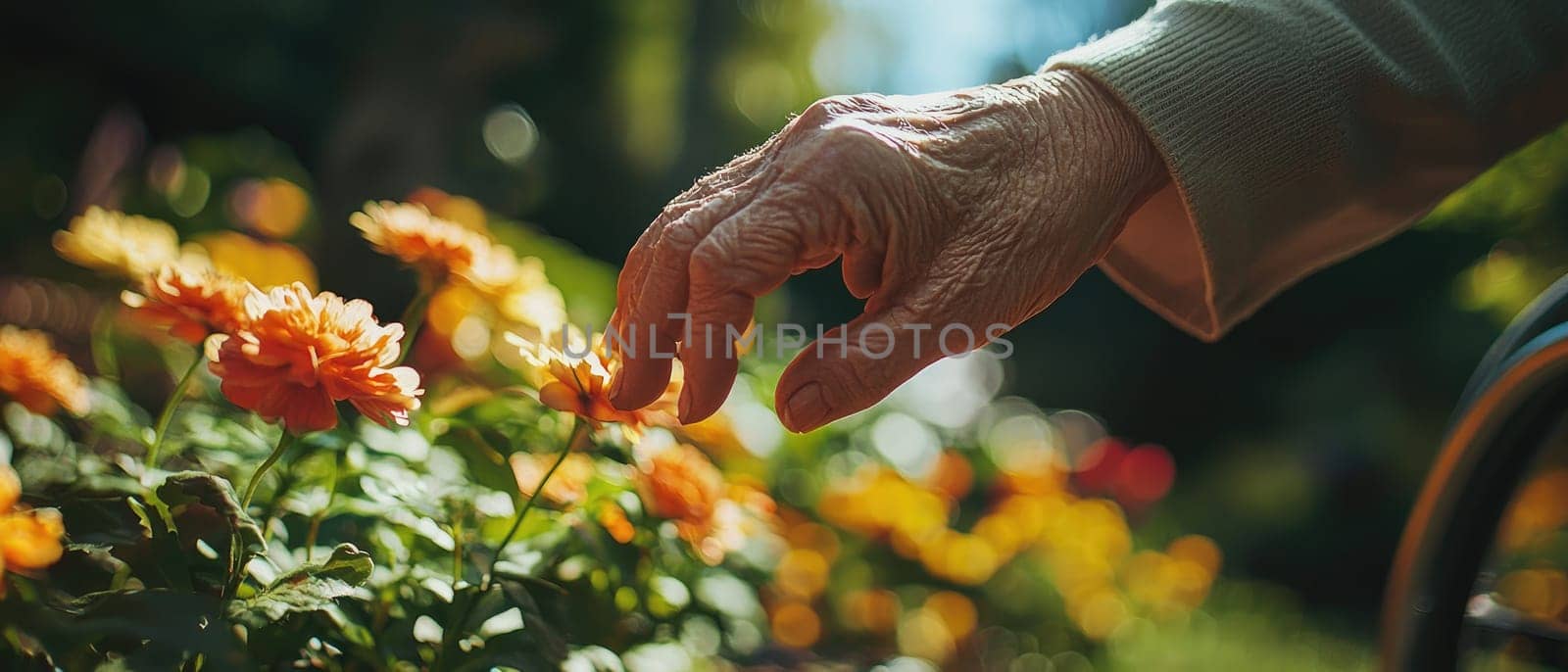 A close-up of a senior hand reaching for vibrant flowers in a garden. This image captures the joy of nature and the beauty of interaction with plants, symbolizing warmth and tranquility.