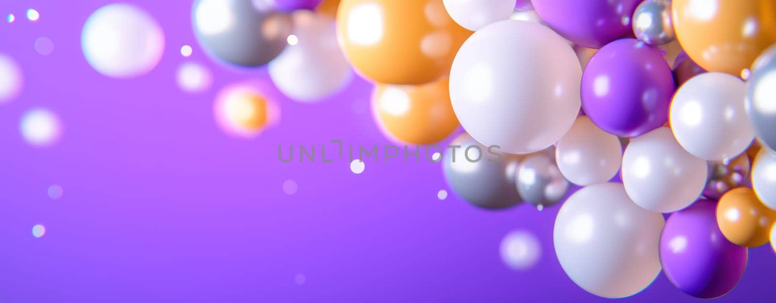 Colorful balloons in shades of gold, silver, white, and purple create festive atmosphere.