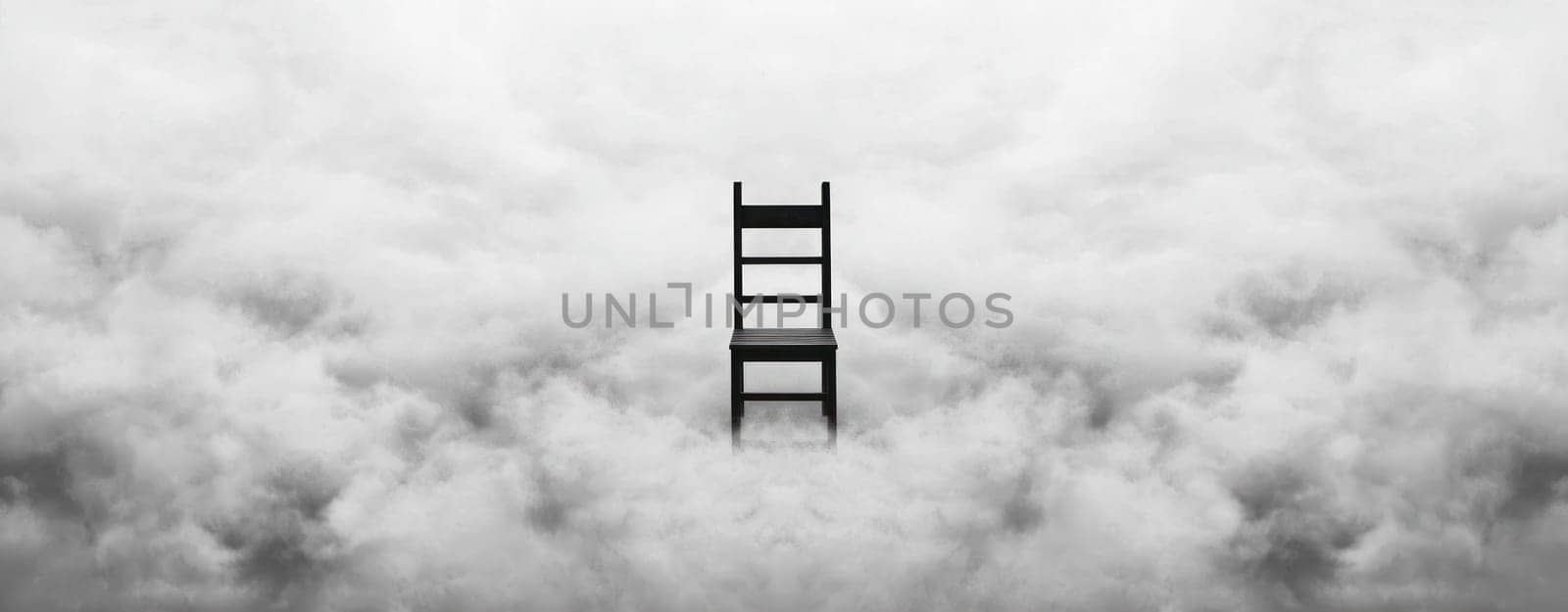 black chair stands alone amidst sea of clouds, evoking solitude.