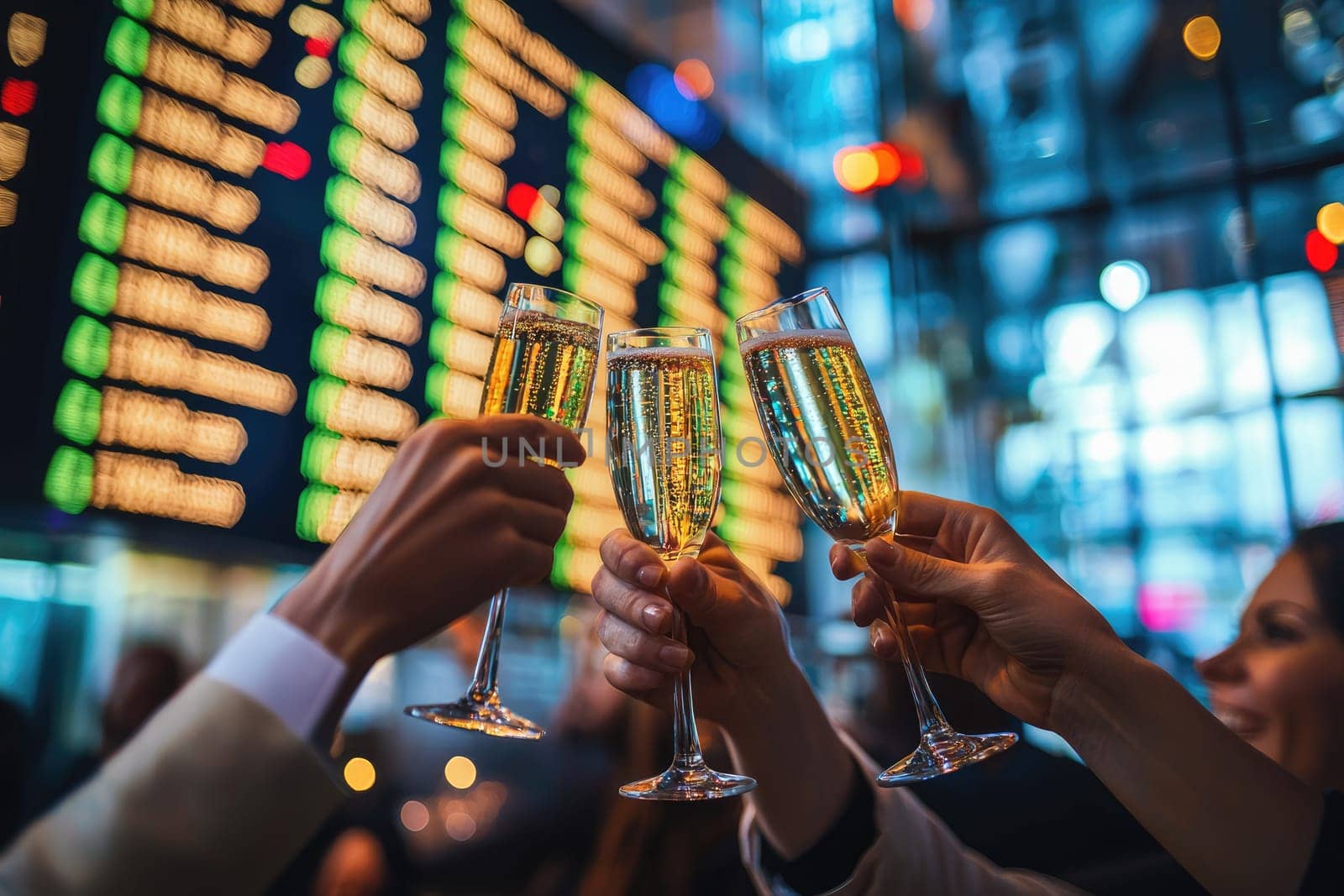 A vibrant atmosphere of celebration among a group toasting with champagne glasses in a business setting, marking a successful investment milestone.
