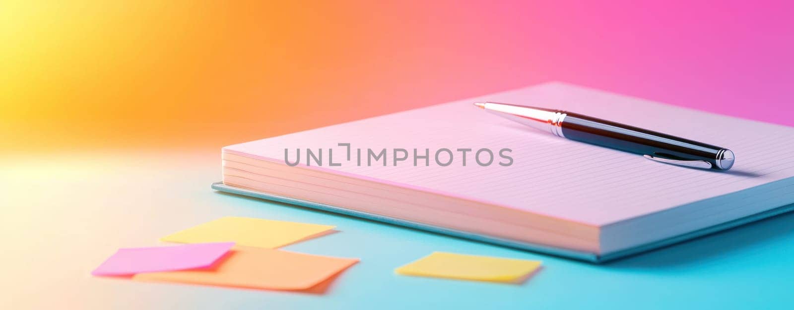 close up of blank notebook with pen and colorful sticky notes, inviting creativity.
