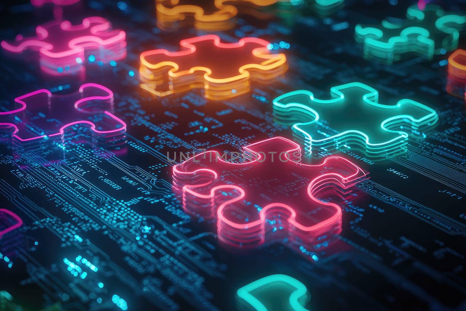 Explore this vibrant image featuring neon puzzle pieces over a digital background, combining bright colors and modern design elements for a captivating visual experience.