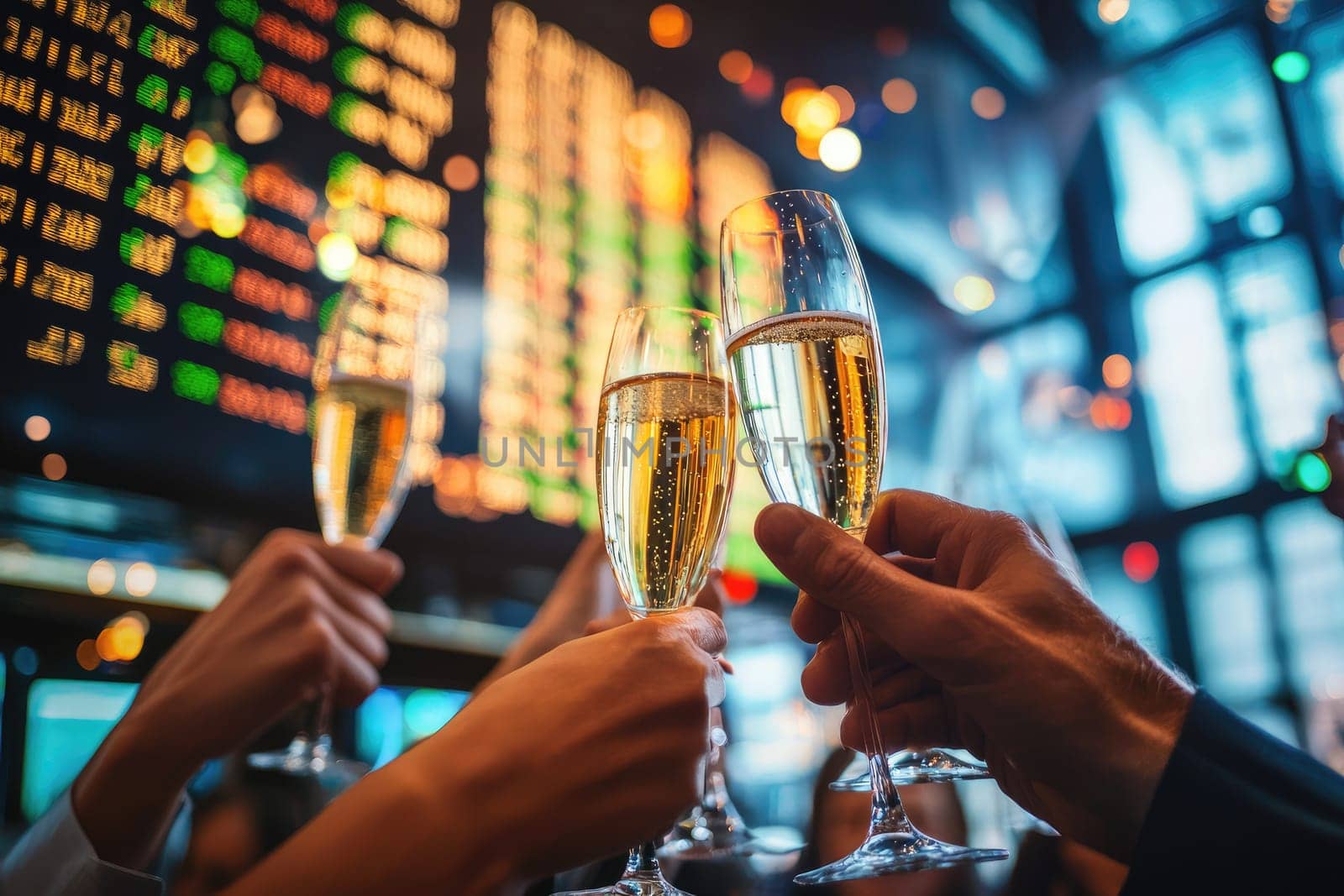 A vibrant team celebration, showcasing individuals toasting with champagne flutes, symbolizing success in investment ventures against a financially themed background.