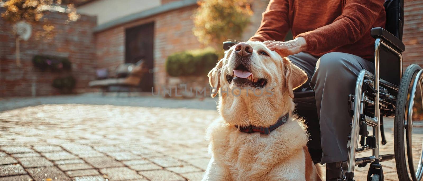 A serene outdoor garden scene featuring a smiling senior in a wheelchair enjoying quality time with a friendly dog. Ideal for themes of companionship and tranquility.