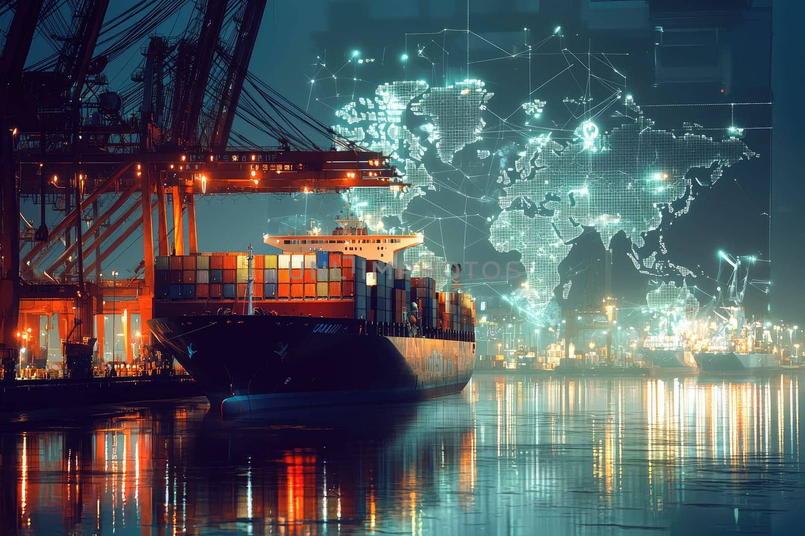 A dynamic view of a cargo ship docked at night, surrounded by vibrant lights and modern equipment, showcasing the bustling activity of the port and maritime trade.