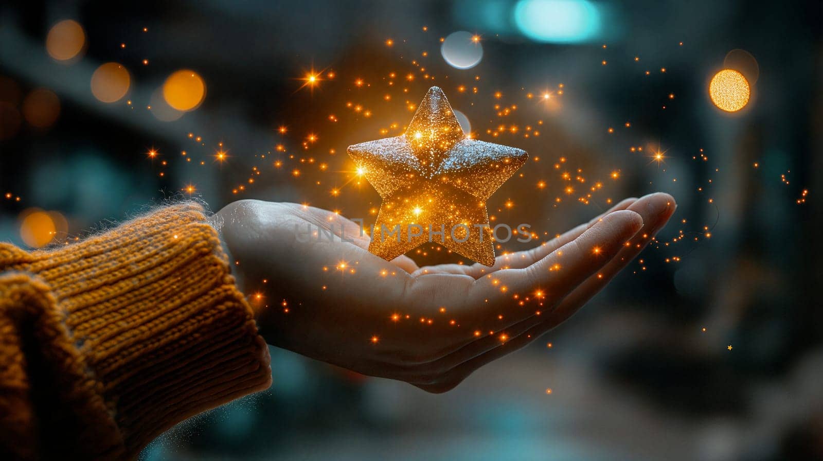 A hand supports a shimmering star, emanating a sense of wonder and enchantment amidst luminous bokeh lights on a tranquil night - Generative AI