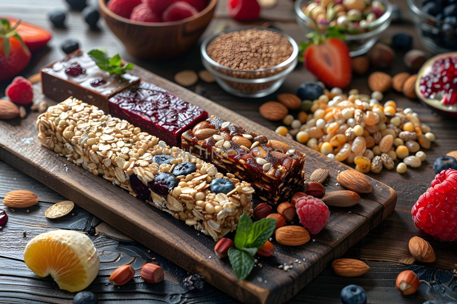 A variety of granola bars made with natural ingredients are displayed on a cutting board, showcasing different flavors and textures