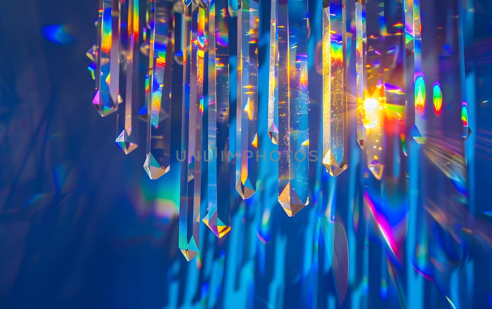 Abstract display of colorful light reflections on hanging crystal prisms